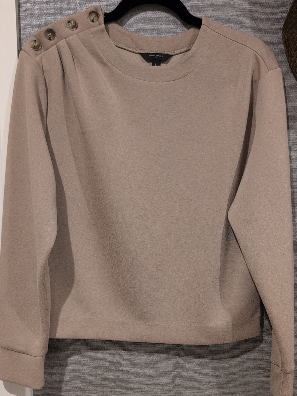 Banana Republic Women’s Taupe Crewneck Sweater with Button-Shoulder Detail